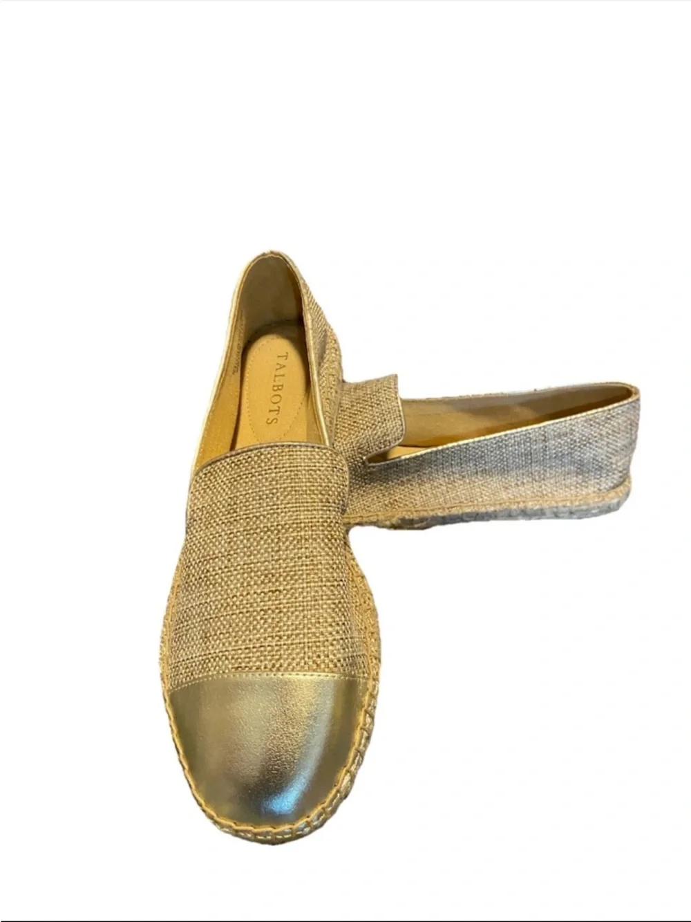 Talbots Size 8 New Izzy Tan Gold Espadrilles Linen Metallic Slip On Flat Shoes